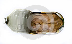 Canned fish, isolated on a white background. Mackerel in oil