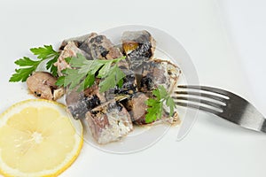 Canned fish in its own juice on dish with fork