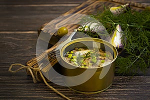 Canned fish in a jar, dill preserve   sardine  aluminum lunch close up onion delicious food