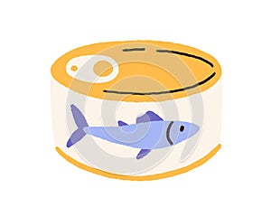 Canned fish. Pack of tinned tuna, conserved sea food. Seafood preserved in metal container. Product in round jar with photo