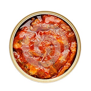 Canned fish in tomato sauce on a white background