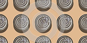 Canned food background. Seamless pattern of tin cans top view