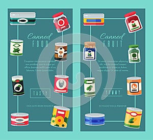 Canned food banner vector illustration. Vegetable product tinned container metal packaging. Soup conserve package can