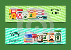 Canned food banner vector illustration. Vegetable product tinned container metal packaging. Soup conserve package can