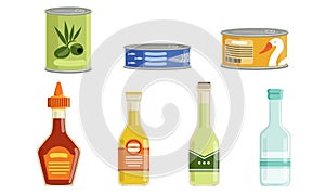 Canned Food Collection, Preserved Goods in Sealed Cans and Bottles Vector Illustration Isolated on White Background