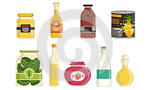 Canned Food Collection, Various Grocery Goods, Preserved Food in Sealed Cans and Jars Vector Illustration Isolated on