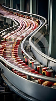 Canned food factory, cans with their contents move on a conveyor belt for labeling and marking