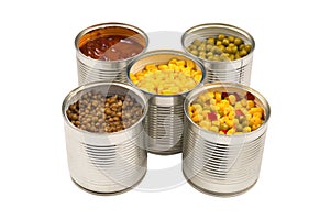 Canned food on white background. Green pea, beans, corn, lentils