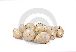 Canned garlic, isolated on white. Pickled garlic