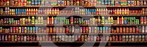 Canned goods in food market banner, large number of colorful products aligned