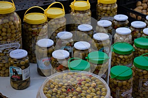 Canned green olives lined up