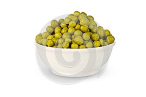 Canned green peas in a bowl isolated on white