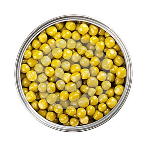 Canned green peas, in an open can, small spherical seeds of Pisum sativum