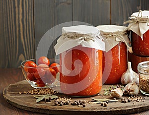 Canned homemade tomato paste in glass jar on wooden rustic table in pantry,