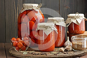 Canned homemade tomato paste in glass jar on wooden rustic table in pantry,