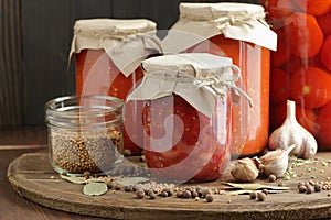 Canned kidney bean in tomato paste in glass plastic free jar on rustic table, closeup,