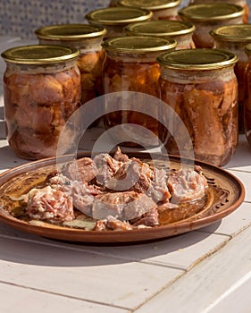 Canned meat in a in a clay plate