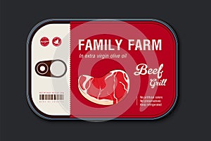 Canned meat packaging of beef, pork. Set of supermarket meat package isolated. Beef and pork steak