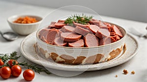 Canned meat in a plate on a white background. The view of top.