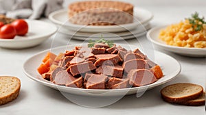 Canned meat in a plate on a white background. The view of top.