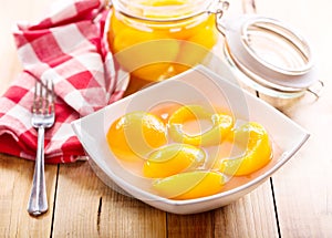 Canned peaches in a bowl