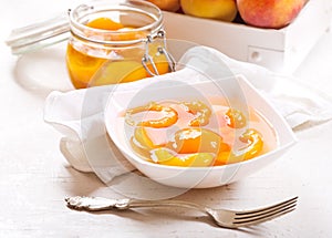 Canned peaches in a bowl