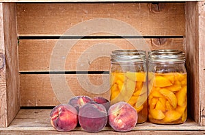 Canned peaches in a rustic crate