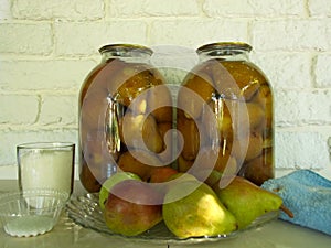 Canned pears on the table