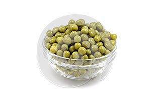canned peas in a glass container
