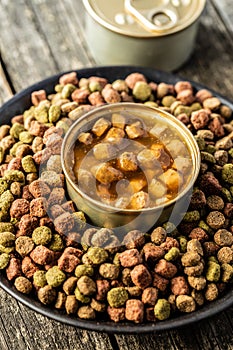 Canned pet food and dried kibble. Tasty food for dog or cat