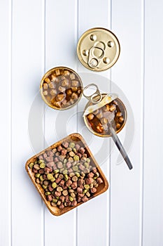 Canned pet food and dried kibble. Tasty food for dog or cat