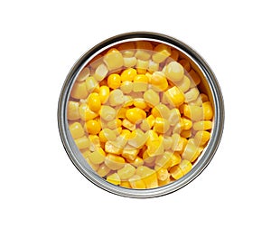 Canned pickled corn isolated on white background.The sweet corn in can