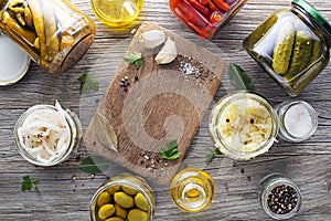 Canned pickled vegetables with herbs and spices