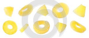 Konzervované ananas kroužky a kusů létání na reklamní formát primárně určen pro použití na webových stránkách 