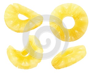 Canned pineapple slice composition on white background