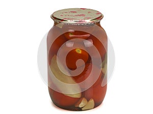 Canned and preserved tomatoes in glass jar isolated on white. Homemade pickled vegetables.