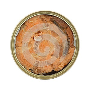 Canned salmon in tin on white background