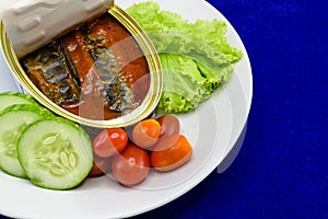 Canned Sardine fish in tomato sauce served on dish with salad