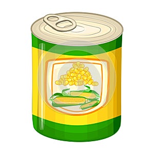 Canned sweet maize in tin can with corn cob on label isolated on white background.