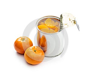 Canned tangerine. Pickled mandarin fruit in can isolated on white background