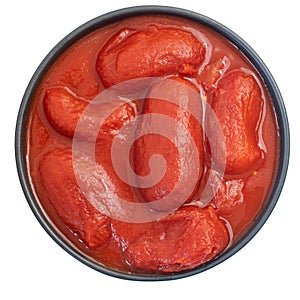 Canned tomato. Brown bowl with peeled tomatoes in their own juice. Isolated on white. Top view