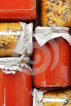 Canned tomato paste in plastic free sustainable jars, conserves for winter eat, flat lay, from above overhead top view