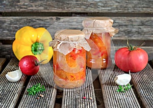 Canned tomato stew salad with sweet pepper Lecho/Lecso