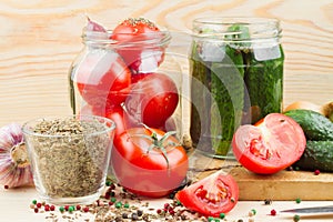 Canned tomatoes and cucumbers