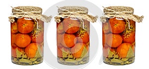 Canned tomatoes in a glass jar. Appetizing traditional snack. Isolated on a white background