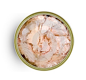 Canned tuna chunk in vegetable oil isolated on white background ,include clipping path