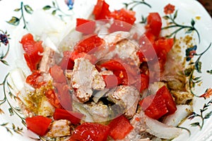 canned tuna fish meat food with sunflower oil, cumin, tomatoes and slices of onions served in a plate