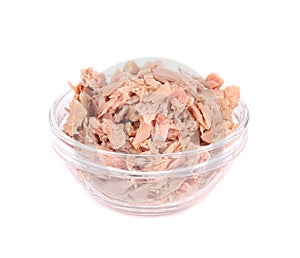 Canned tuna in glass bowl.