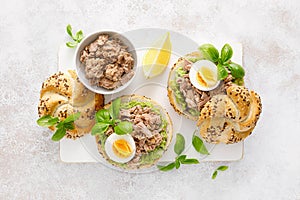 Canned tuna open sandwiches. Buns burgers with canned tuna, boiled egg and avocado