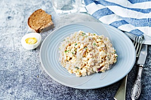 Canned Tuna red onion egg salad on the plate